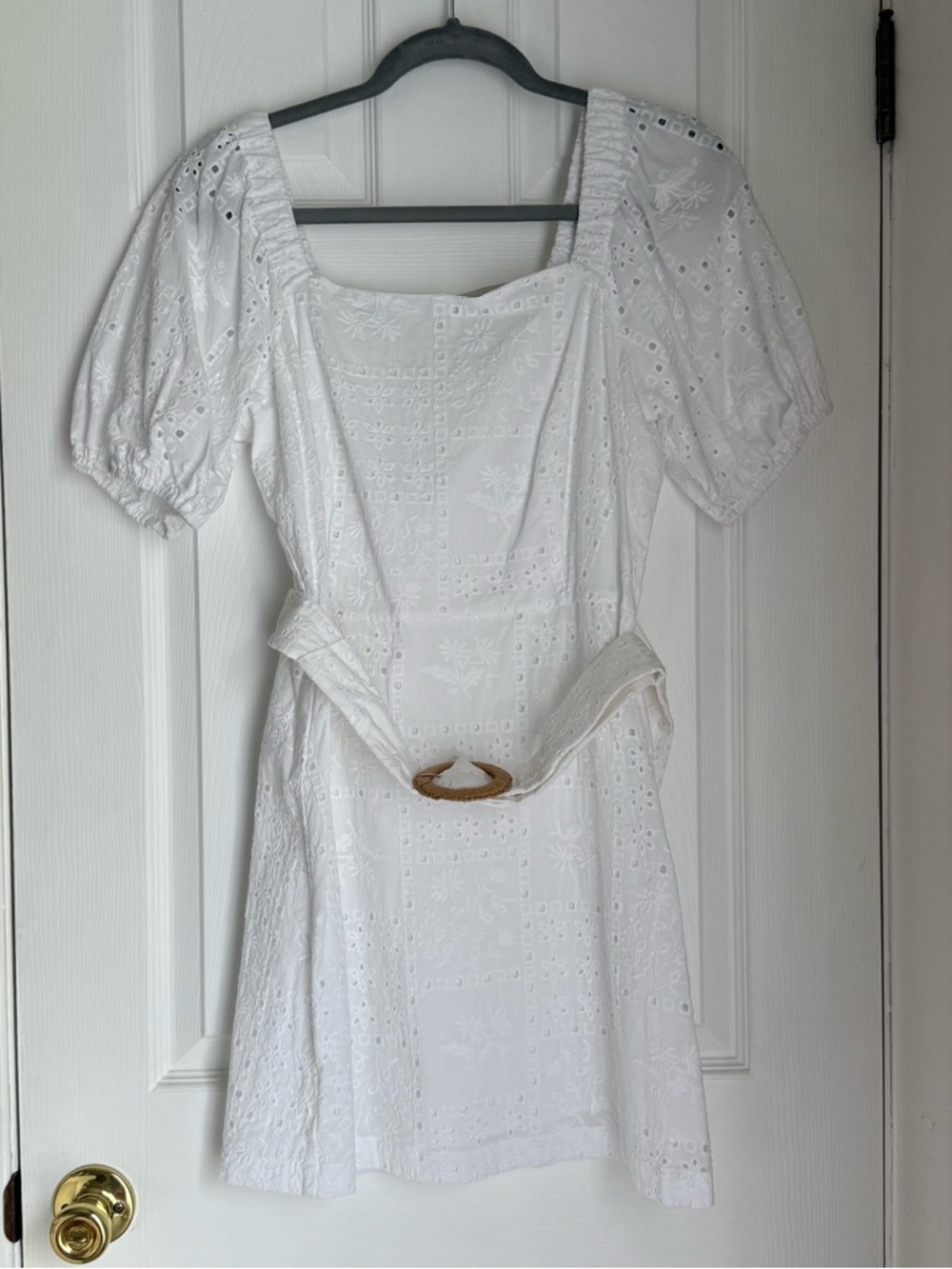 LOFT White Eyelet Puff-Sleeve Mini Dress with Belt